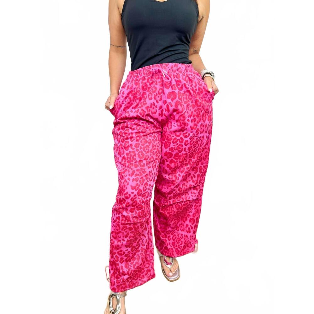 Women's Pink Leopard Print Wide-Leg Joggers